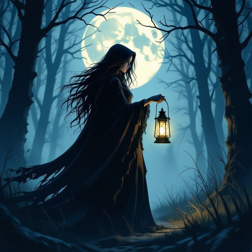 Mystical Witch in Moonlit Forest, Dark Fantasy Art