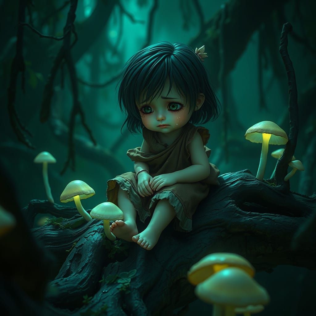Girl in Tattered Tunic Weeps in Dark Jungle Solitude
