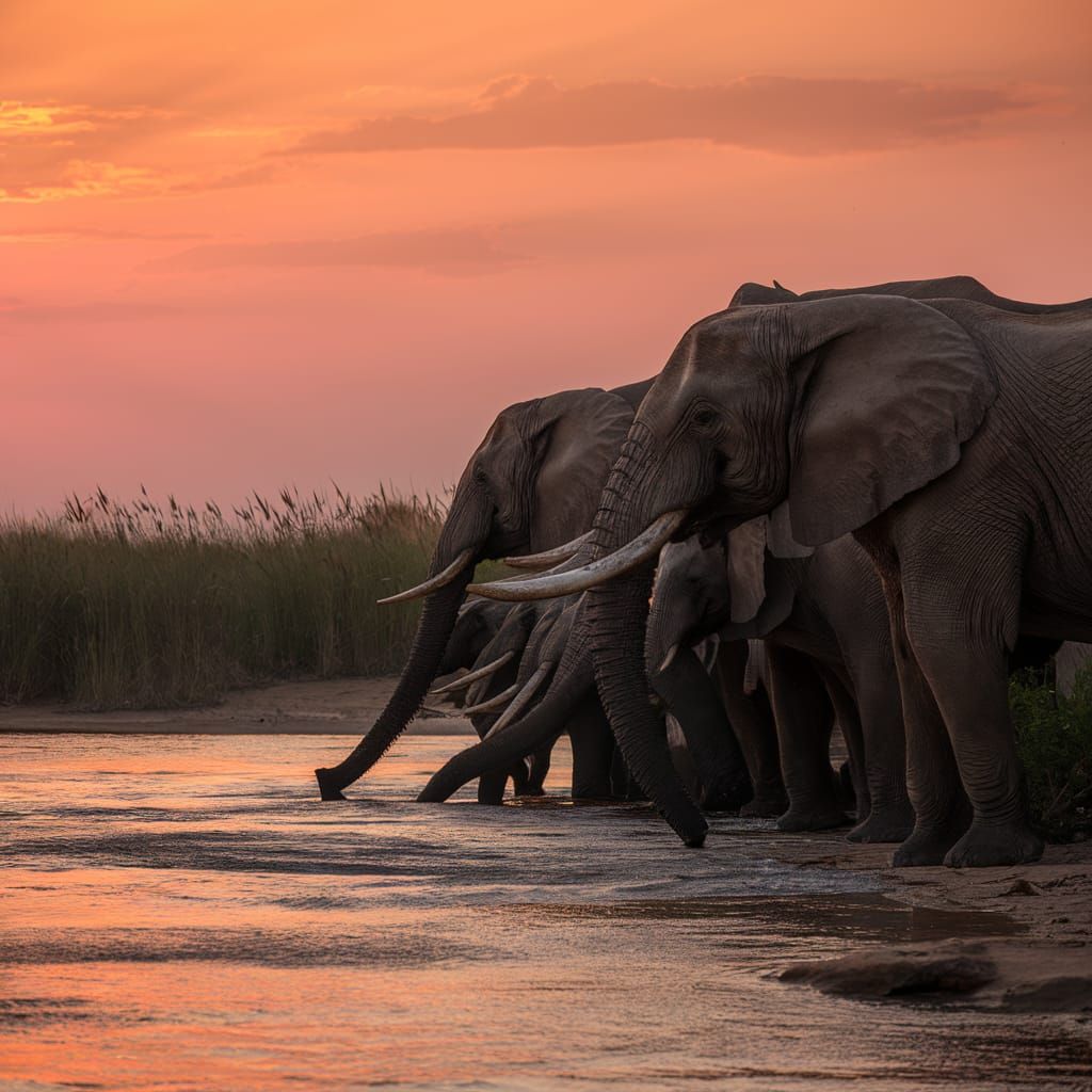 Elephants at Zambezi River During African Sunset