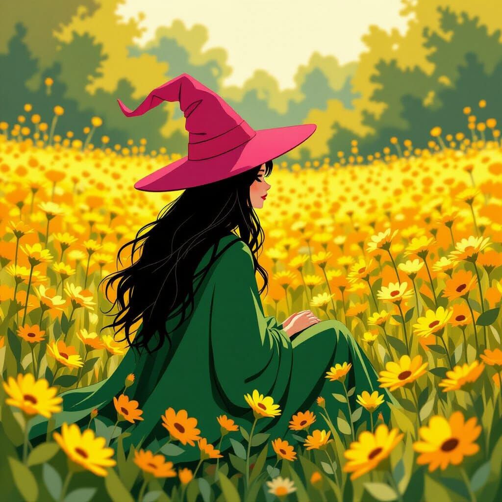 Whimsical Witch in Yellow Flower Field, Storybook Illustrati...