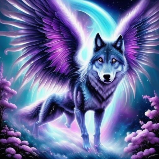 Grey Wolf Unfurls Silver Wings Amidst Vibrant Purple Hues an...