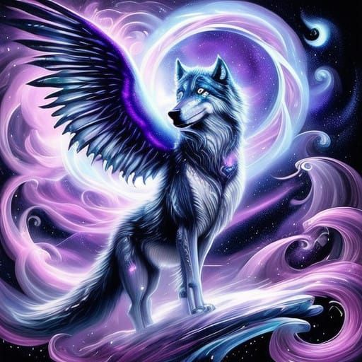 Grey Wolf with Shimmering Silver Wings in Mythicpunk Style