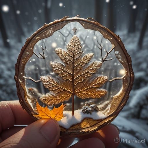 Winter Scene Carved into Autumn Leaf, Macro Fantasy Art