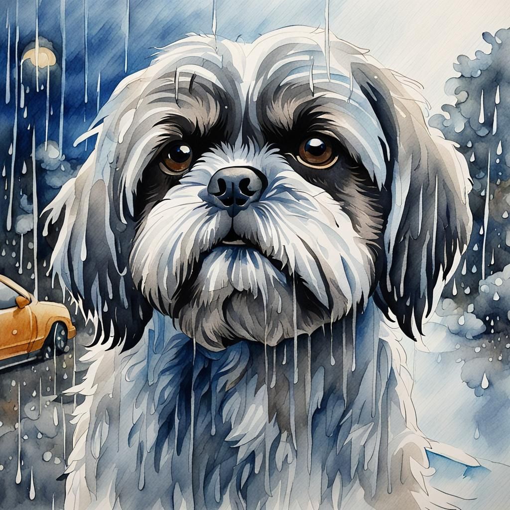 Melancholy Shih Tzu in Rainstorm: Watercolor Art