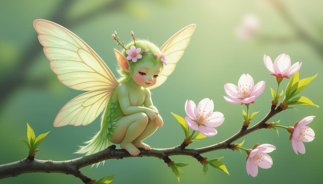 Spring Blossom Fairy on Budding Branch
