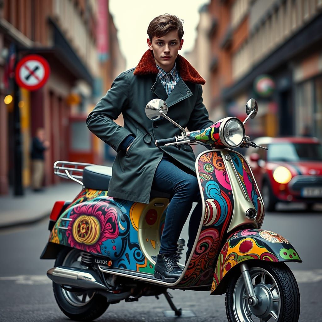 Mod wearing a parka on a mod scooter wrapped in "Bar room ju...