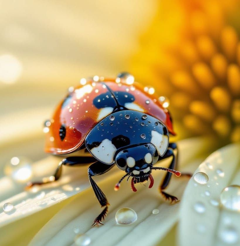 Ladybug Macro with Dew Drops on Flower