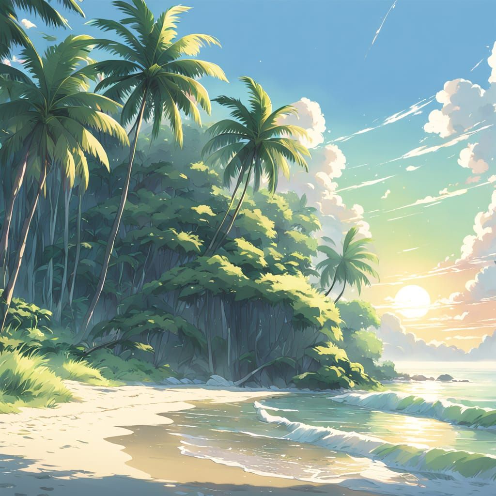 Serene Tropical Oasis with Crystaline Water and Golden Light