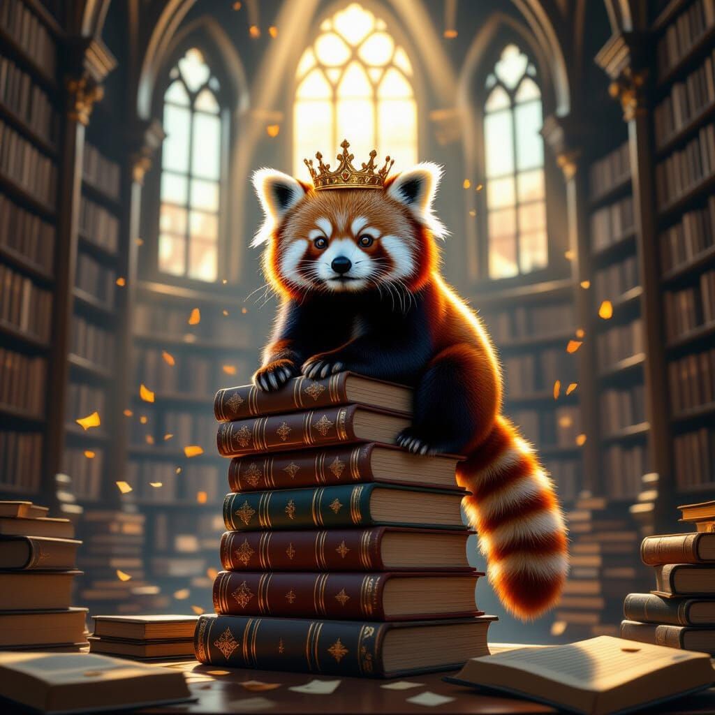 Whimsical Red Panda with Crown on Glowing Books