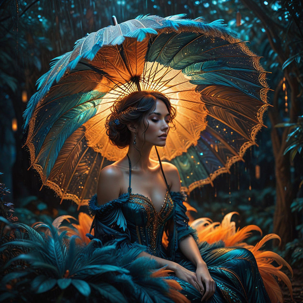 Whimsical Woman Enchanted by Celestial Umbrella in Art Nouve...