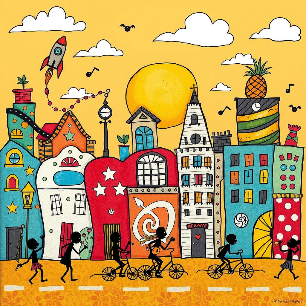 Doodle-Filled Metropolis with Playful Stick Figures