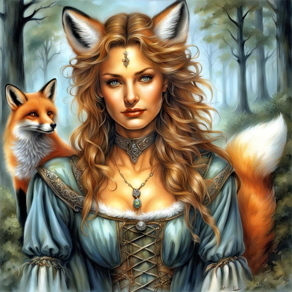Fox Woman in Enchanted Forest, Airbrush Style