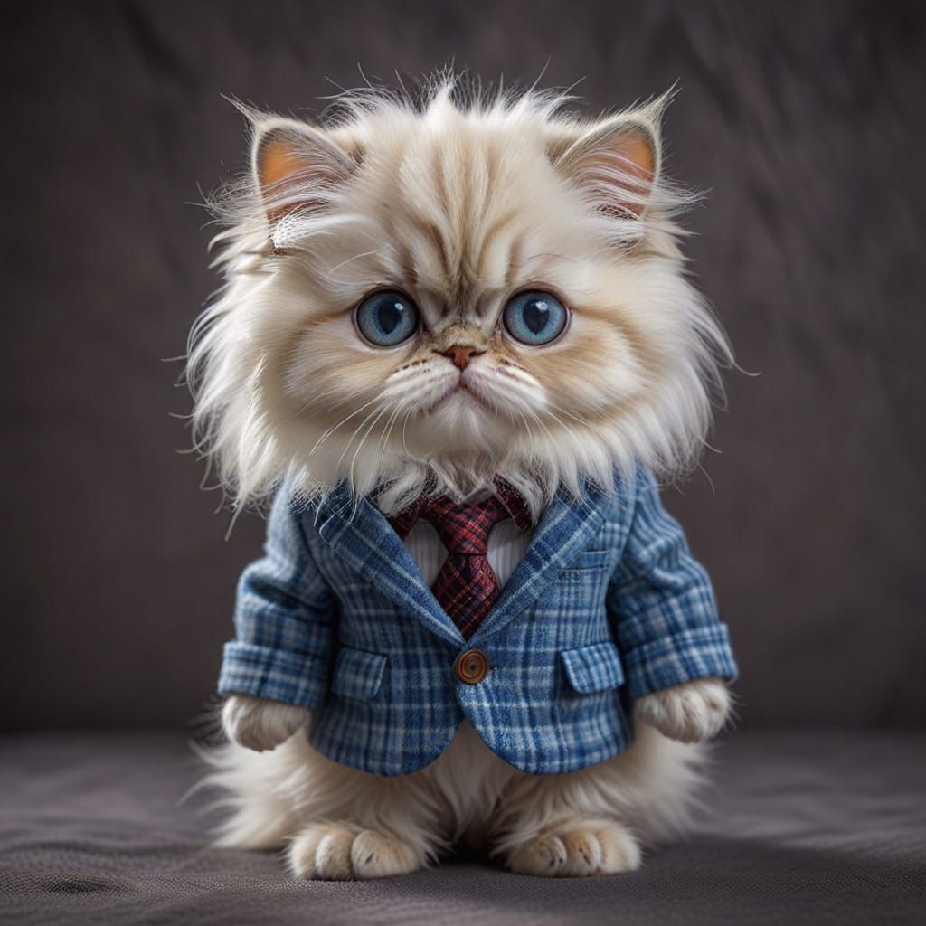 Tiny Fluffy Persian Kitten in Checkered Suit