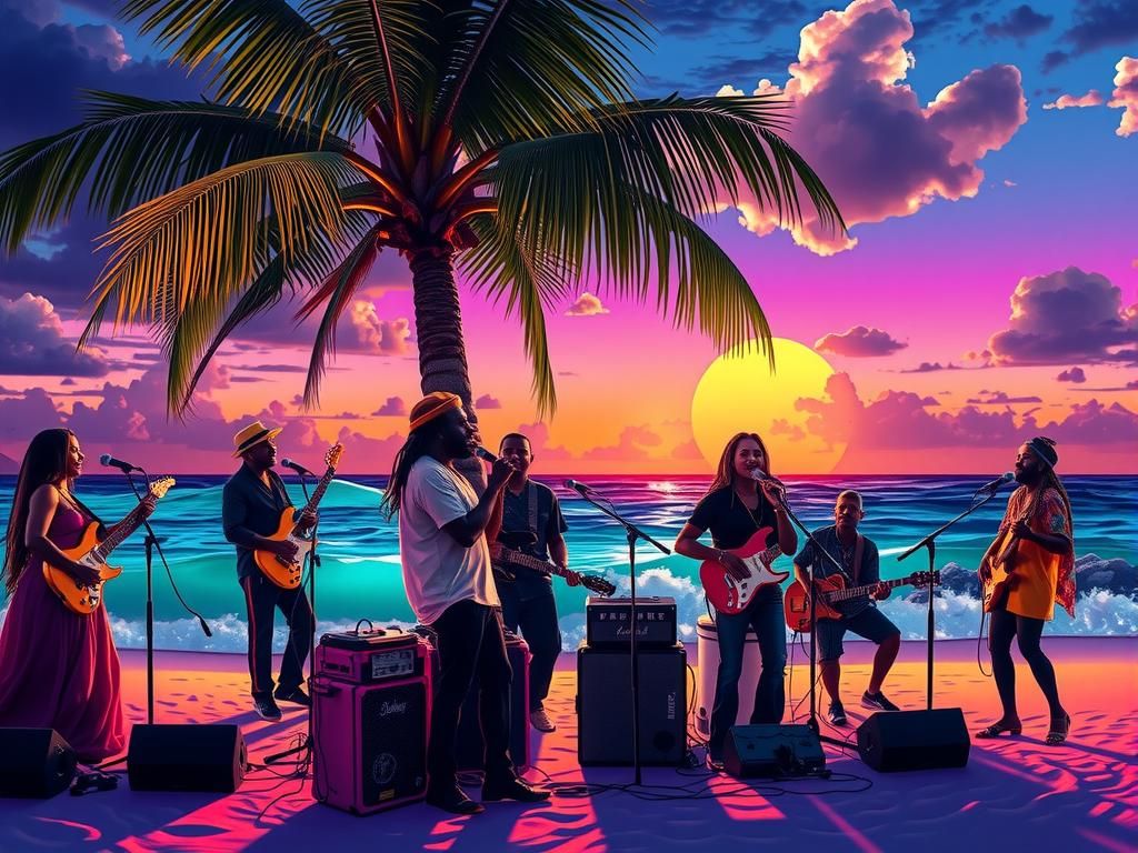 Reggae Band on Tropical Beach with Neon Glows