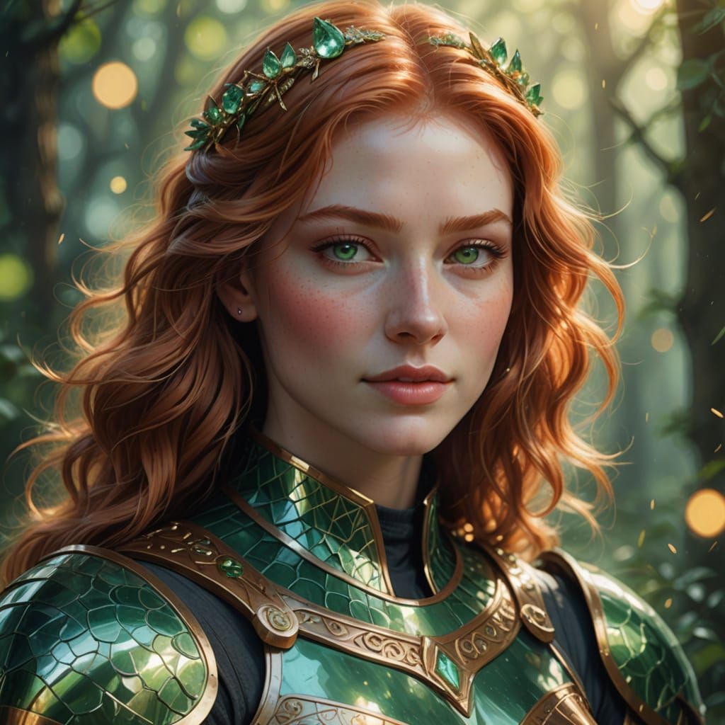 Sorceress with Emerald Shine Armor and Ginger Hair