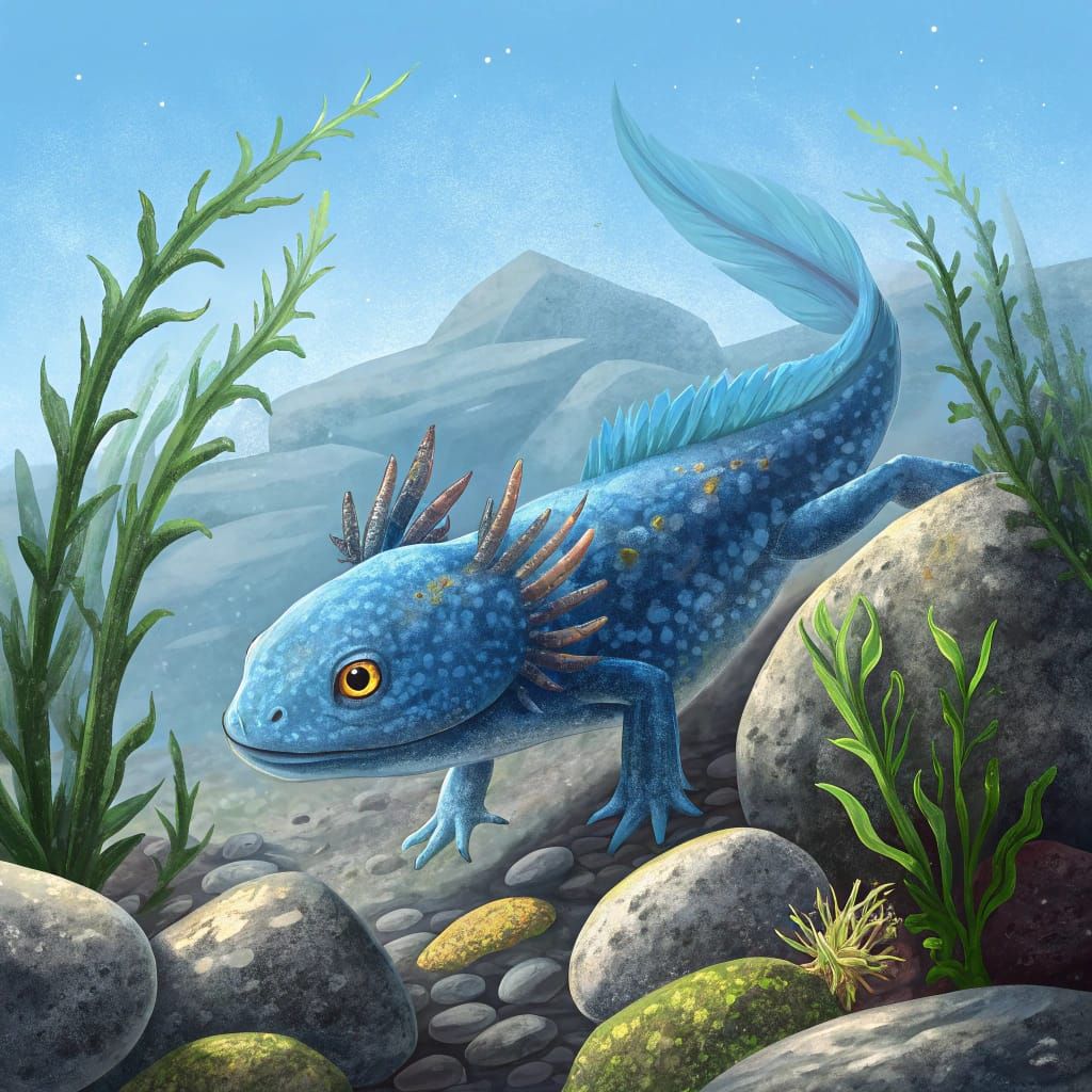 Vibrant Blue Axolotl Amidst Rocky Shore