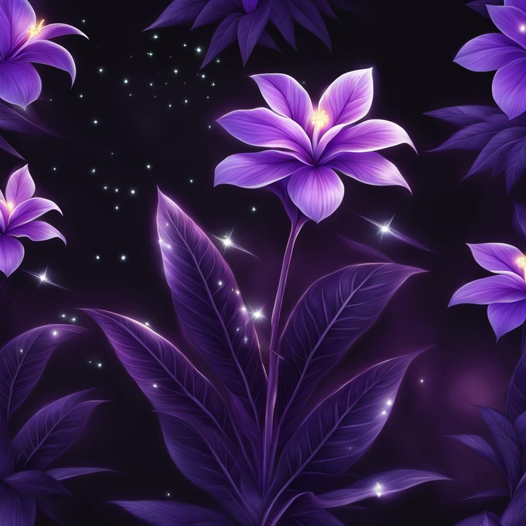 One tropical purple flower, luminous, sparkles, night time, ...