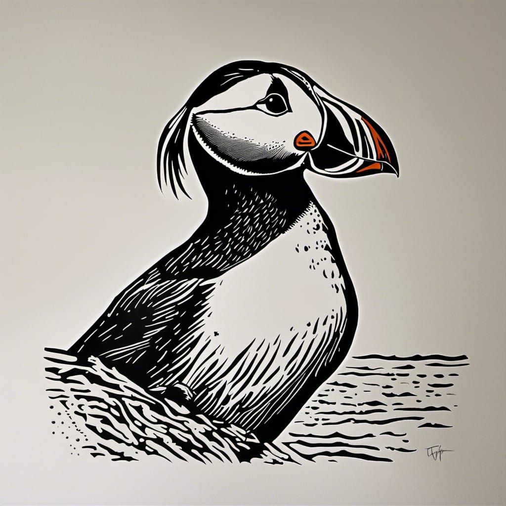 Puffin Bird Linocut Print Black and White