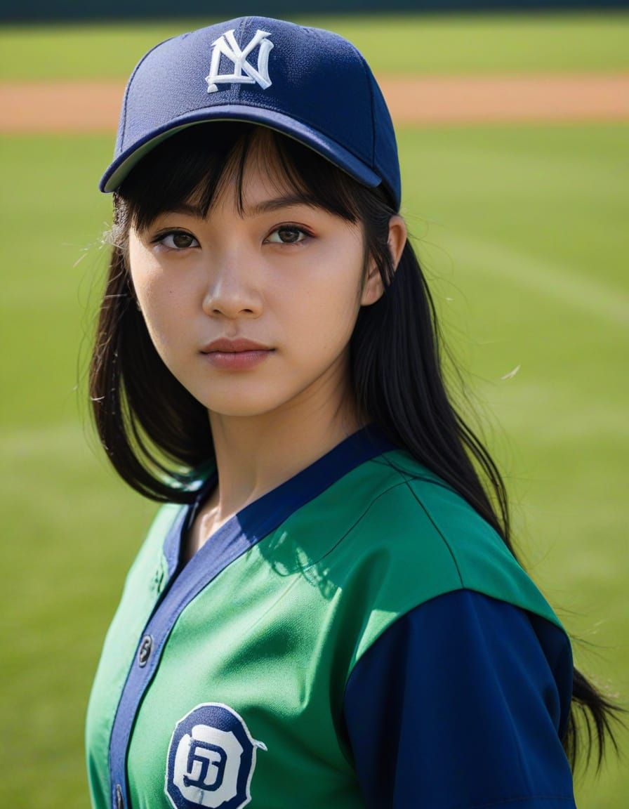 Japanese Girl in Baseball Uniform: Realistic Sports Photogra...