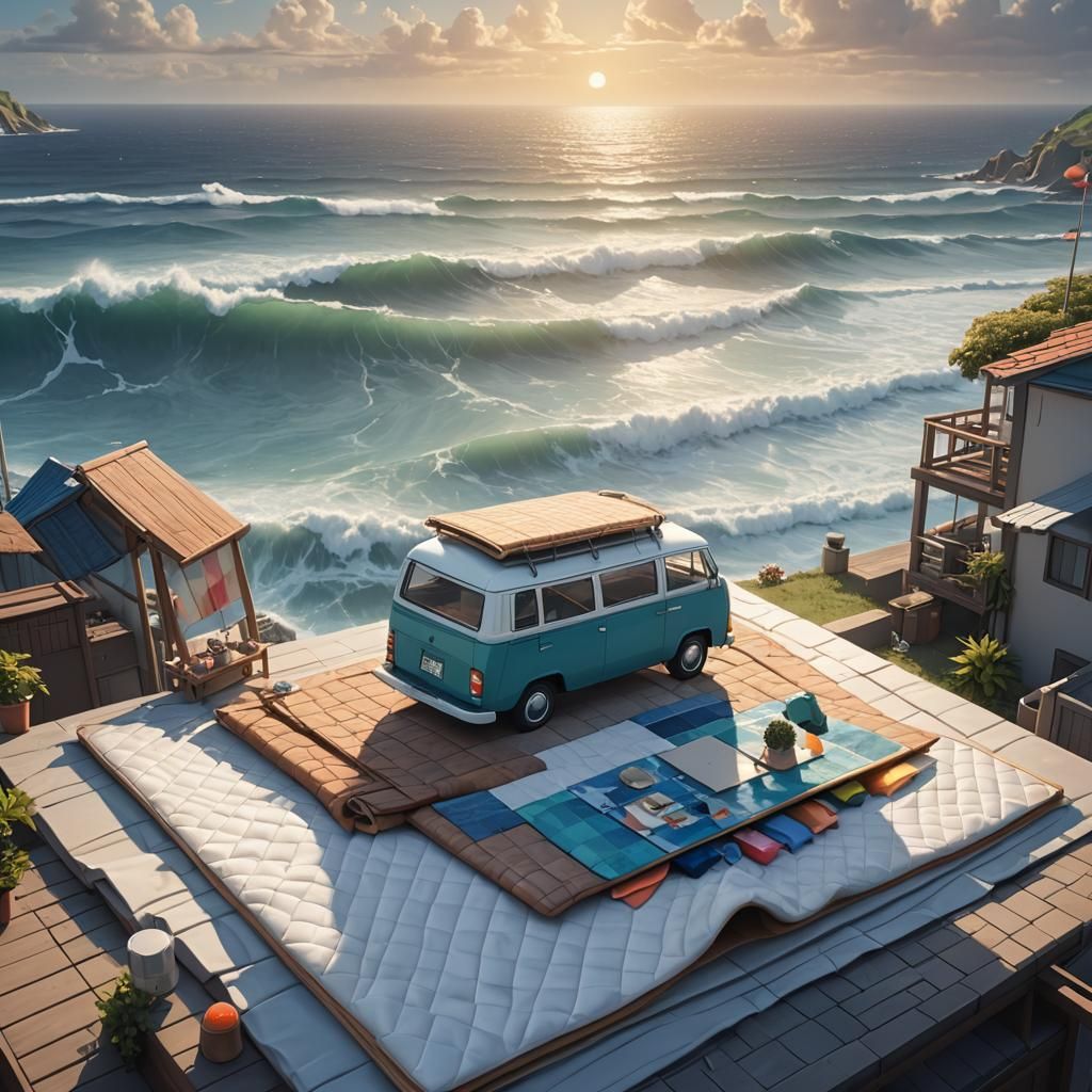 Combi Van Surf Scene in Detailed Anime Style