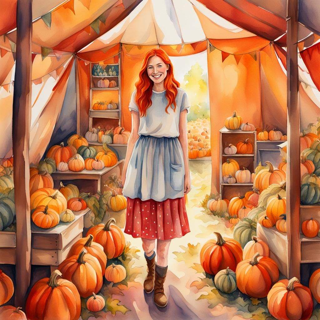 Whimsical Woman in Pumpkin Patch Watercolor Painting