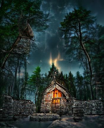 Mystical Cabin Ruins in Enchanted Forest