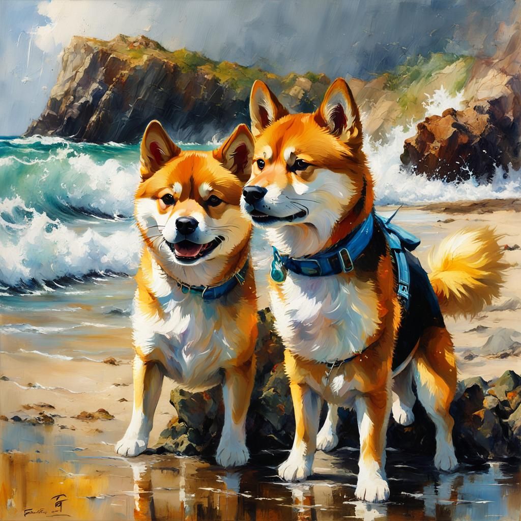 Cute Shiba Dog on Stormy Beach as Encaustic Painting