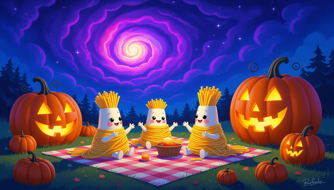 Spaghetti Creatures Picnic With Cosmic Pumpkins