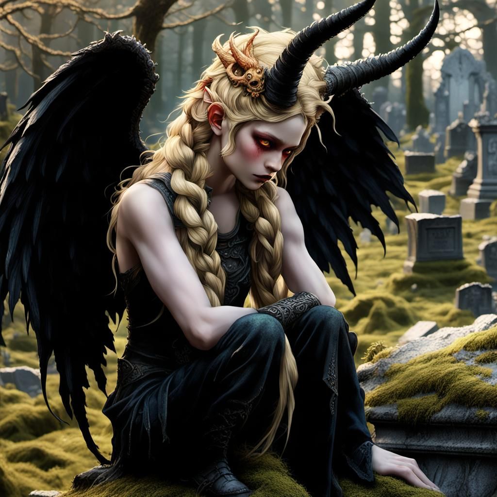 Demoness with Wings in Cemetery, Surreal Art