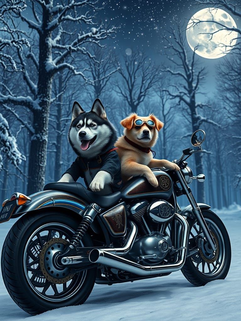 Siberian Husky and Golden Retriever Motorcycle Duo in Enchan...
