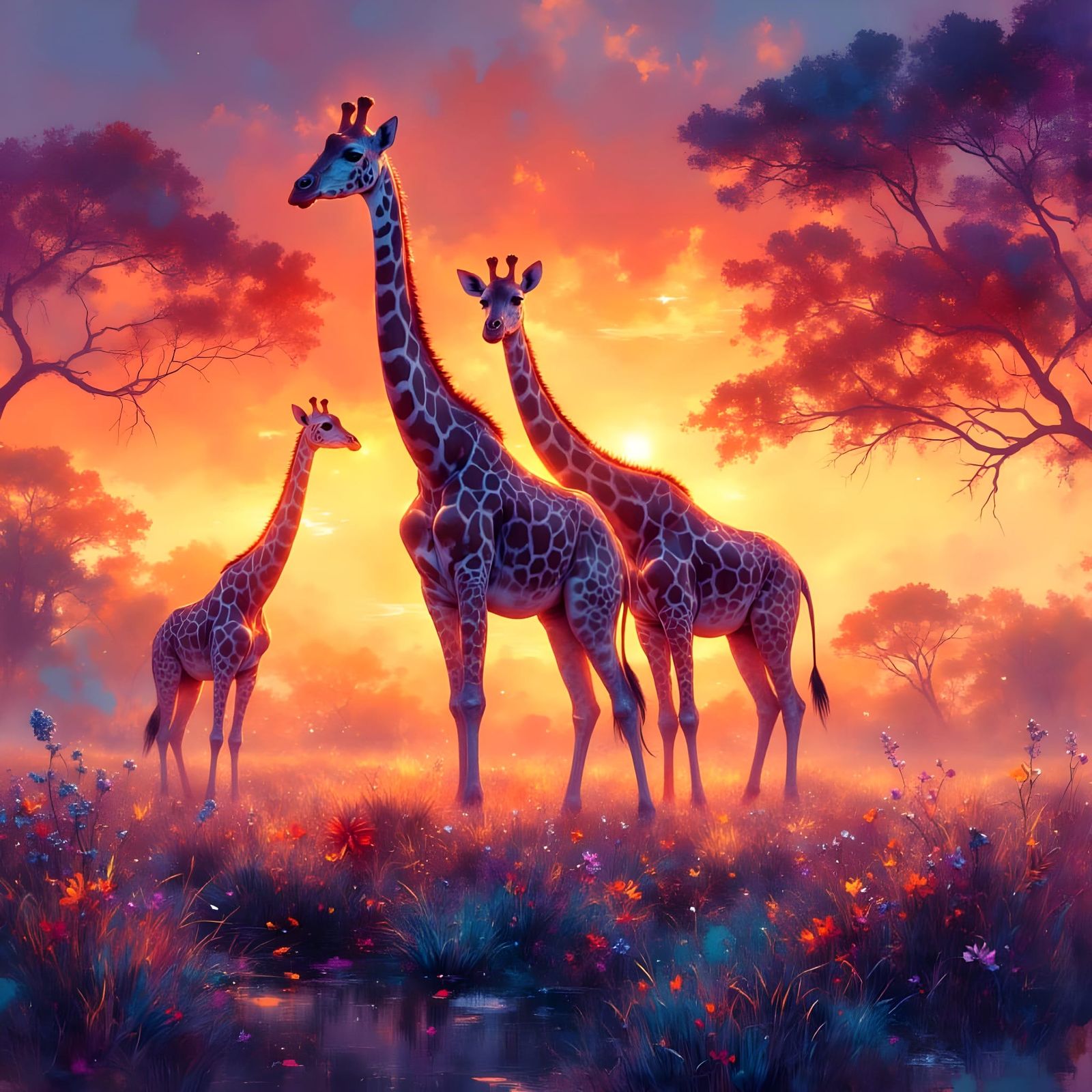 Ethereal Giraffes in Sunset Glow