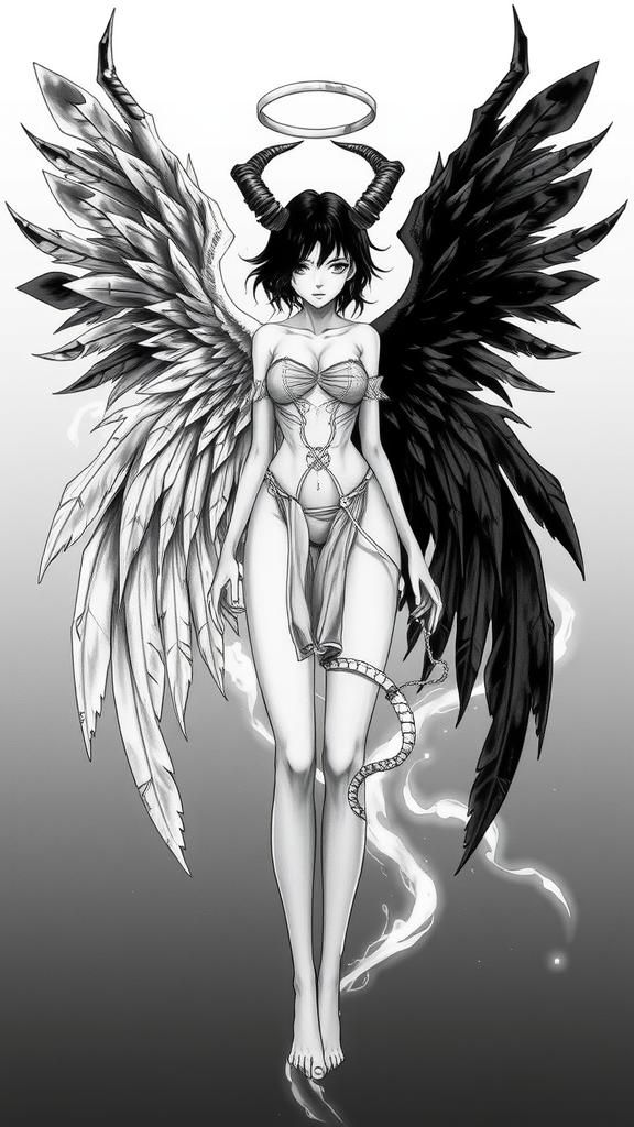 Anime Angel Demon Duality in Dark Fantasy Style