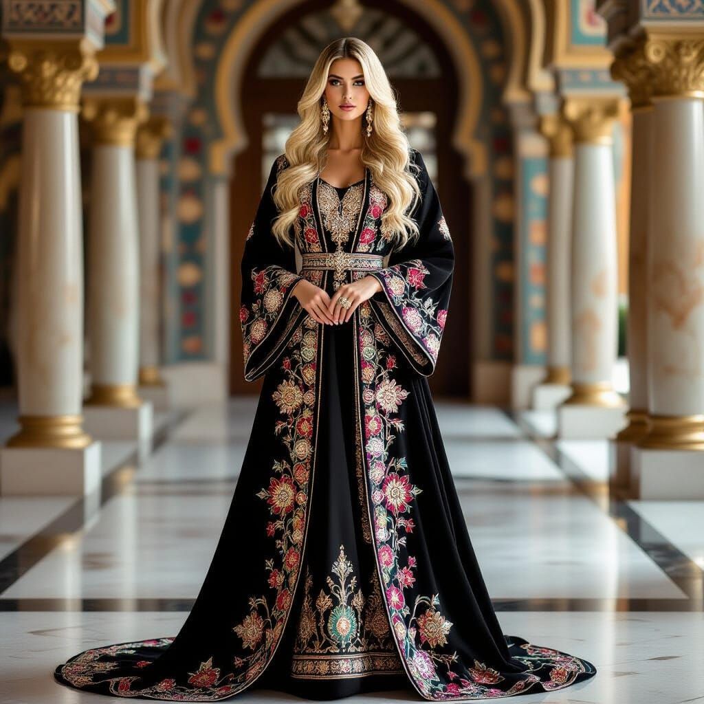 Regal Woman in Opulent Abaya: Persian Miniature Style