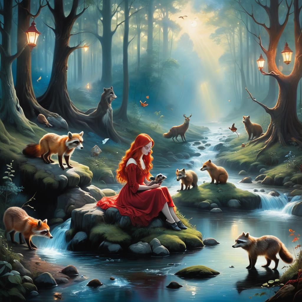 Dreamlike Surreal Oil Painting of Girl with Animals