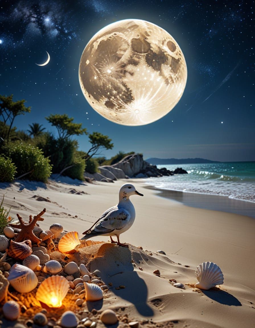 Moonlit Dove in Steampunk Style on Sandy Beach