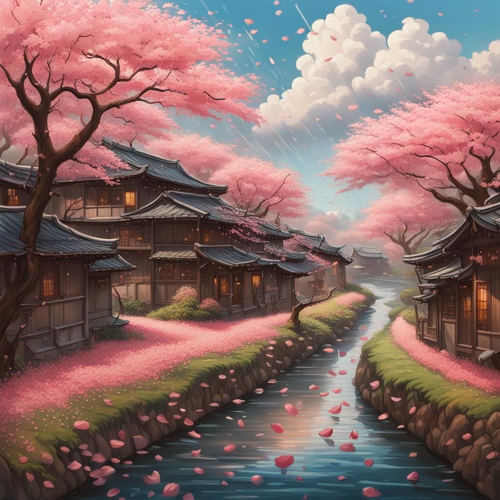 Cherry Blossom Rain on Japanese Stream
