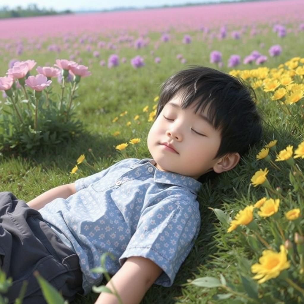 Boy Lying in Sunny Field