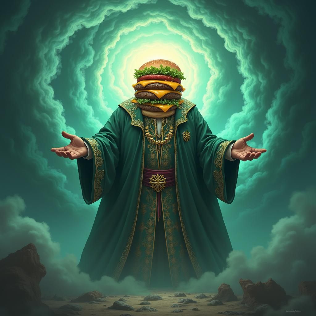Burger Wizard Summons Colossal Burger in Fantasy Art