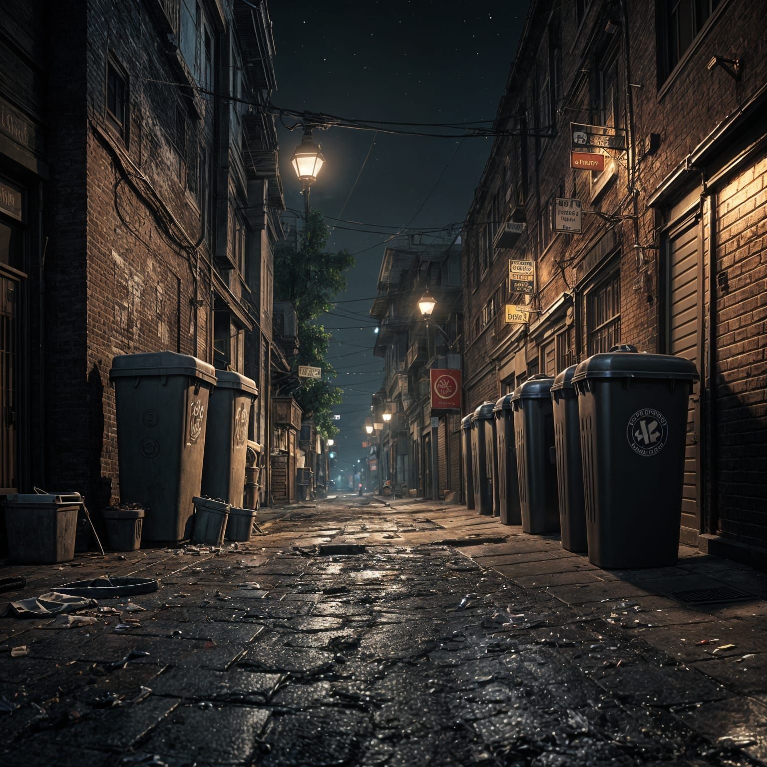 Night Alleyway with Trash Cans in 3D Cinematic Style