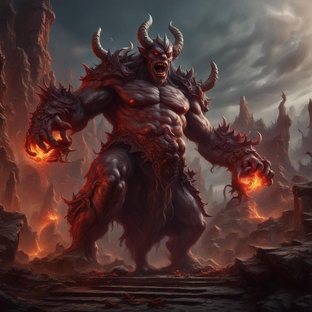 Giant Demon-King Stomps on Mortals: Fantasy Art