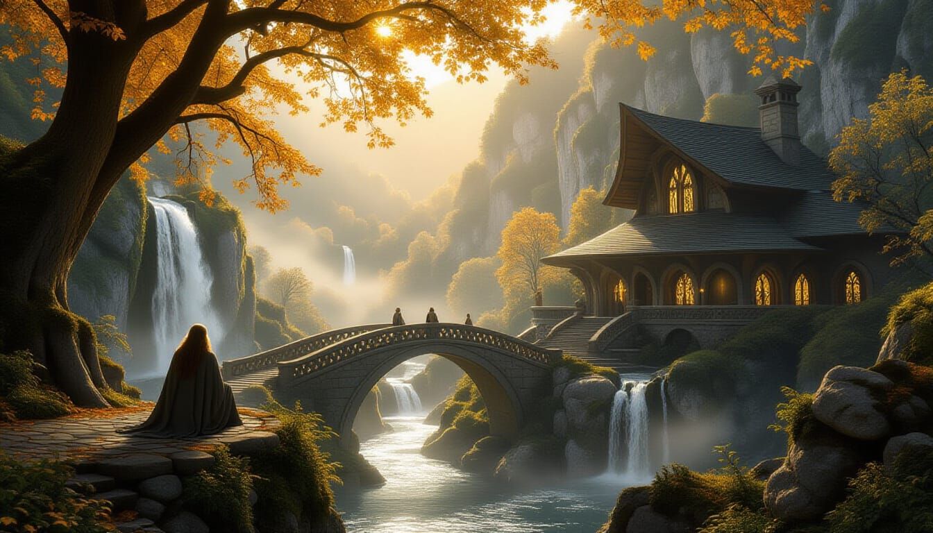 Frodo Awakens in Elven Sanctuary Amidst Autumn Waterfalls