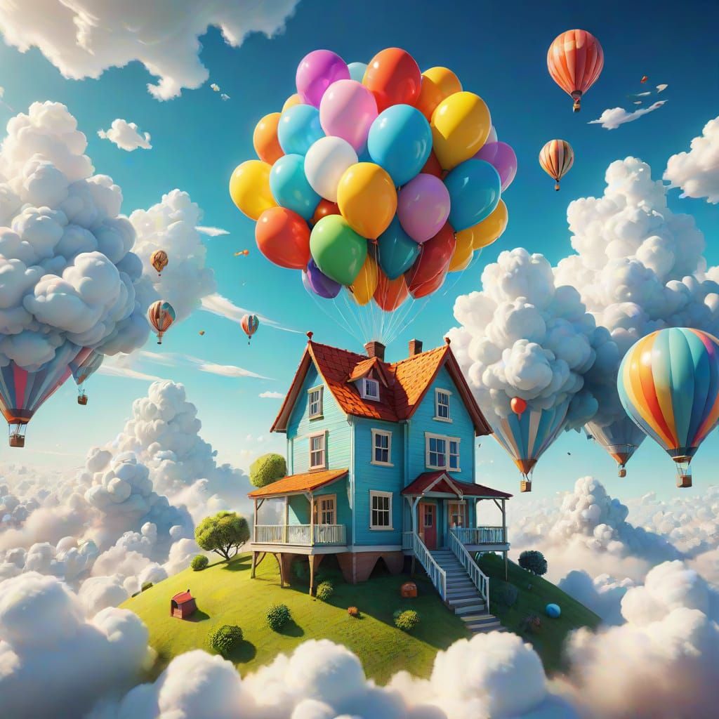House Lifted by Balloons in Surreal Dreamscape