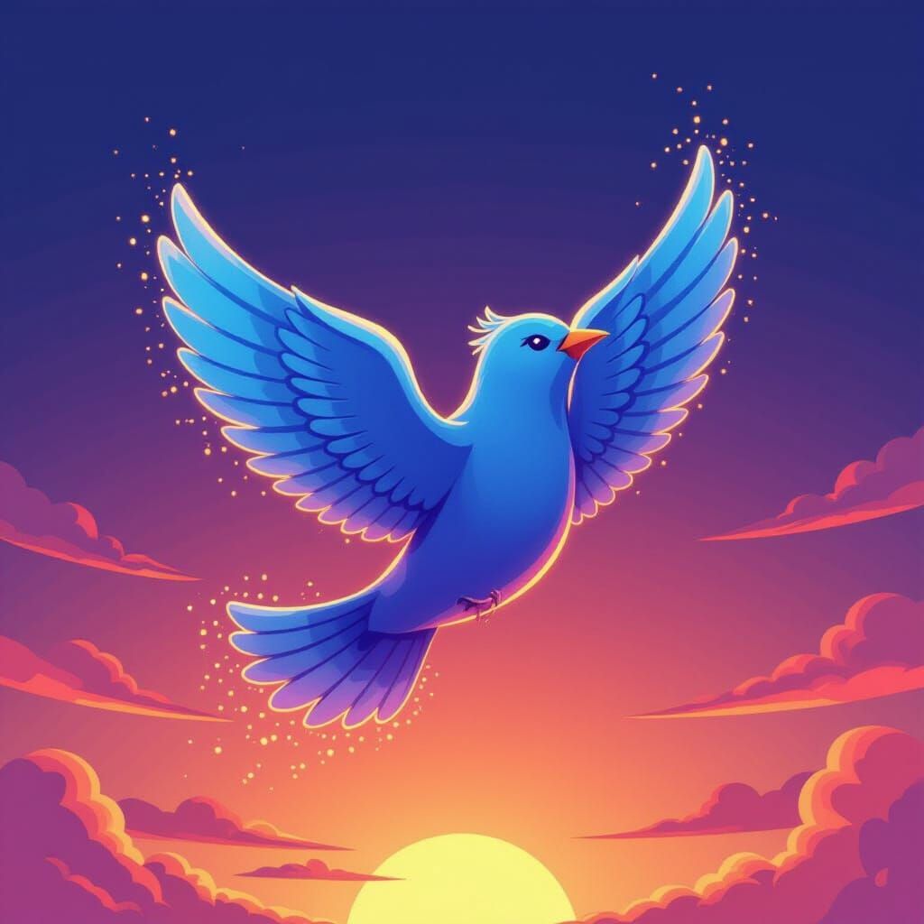 Blue Bird Logo Soars Through Cosmic Sunset Sky