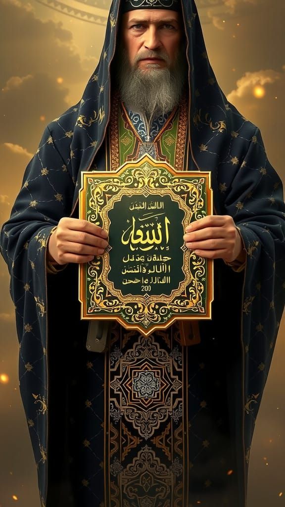 Dignified Muslim Warrior in Majestic Black Robe with Gold Em...