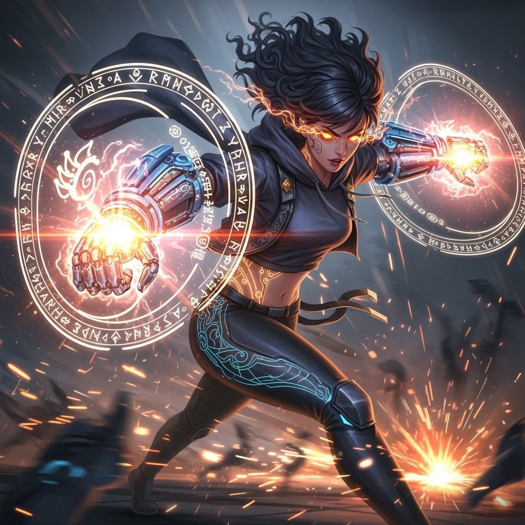 Cyber-Arcane Warrior Mid-Combat in Anime Style