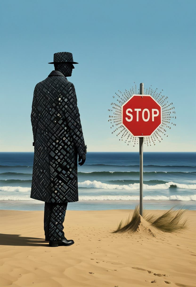 Surreal Beach Scene with Matrix Code Man and Stop Sign