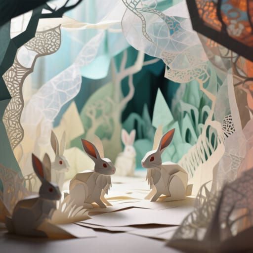Whimsical Paper Rabbits in a Dreamlike World