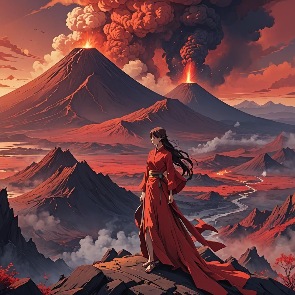 Volcano Goddess in Anime Cel-Shaded Style