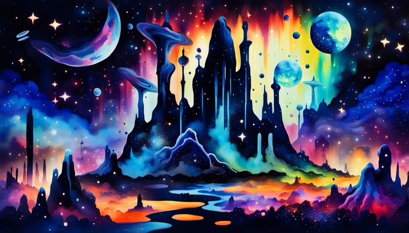 Alien Megalopolis at Night: Surreal Action Painting
