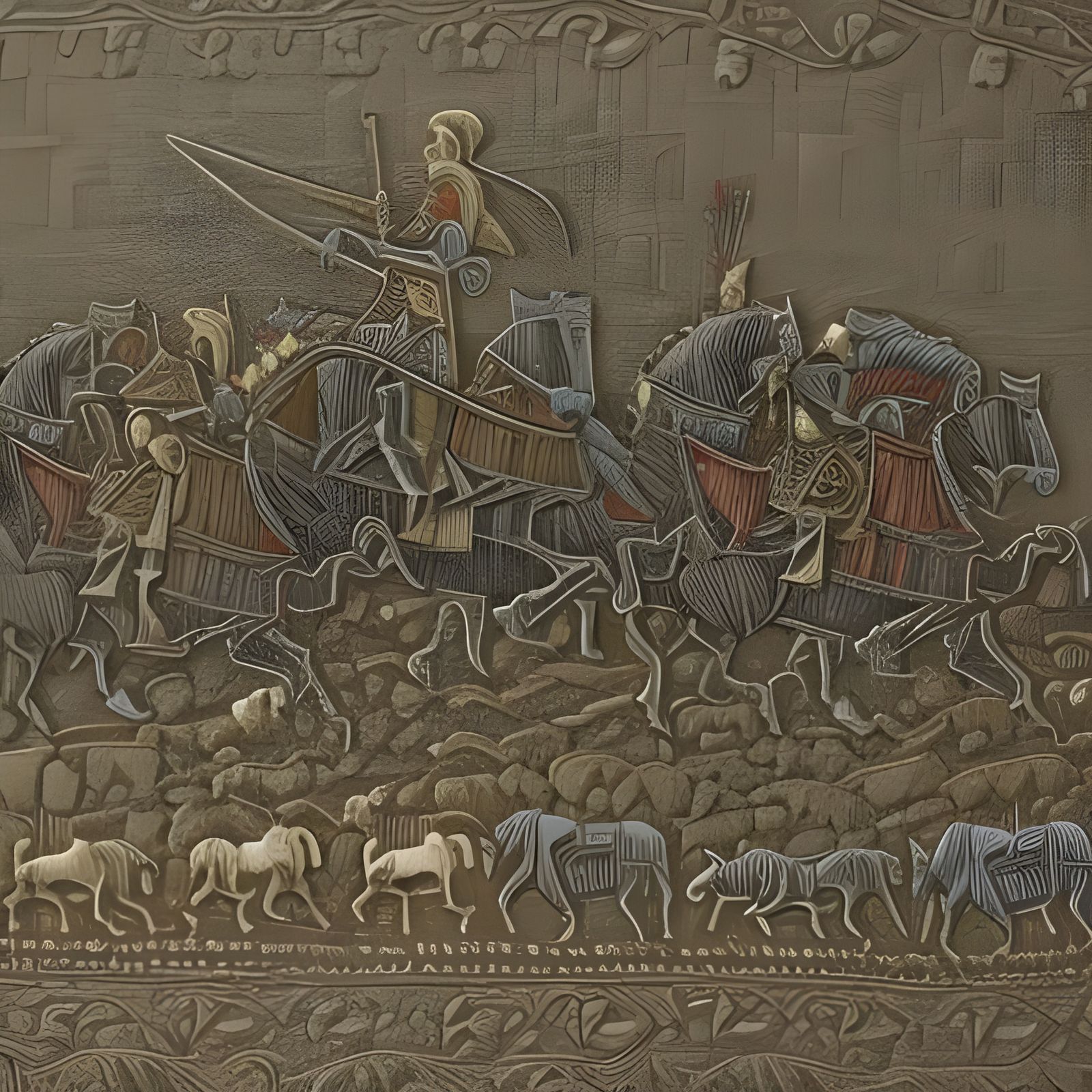 Knights riding horses in the style of the Bayeux Tapestry, intricate embroidered texture, dark tone, trending on Deviant...